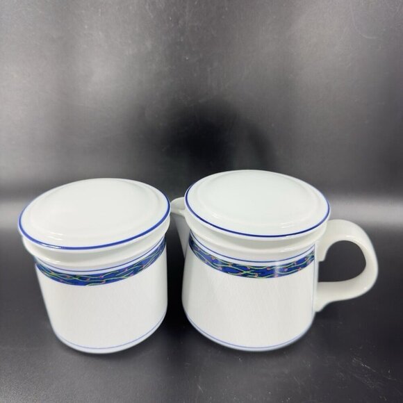 Dansk New Scandia Porcelain Trellis Floral Sugar And Creamer Blue White Set 2 - Picture 10 of 14